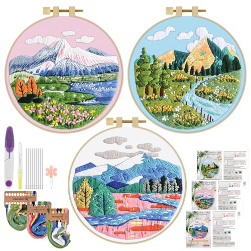 ERKOON 3 Sets Embroidery Kit, Floral Cross Stitch Set for Include Embroidery Cloth Hoops Threads for Craft Lover Hand Stitch (Landscapes) - color: Landscapes