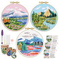 ERKOON 3 Sets Embroidery Kit, Floral Cross Stitch Set for Include Embroidery Cloth Hoops Threads for Craft Lover Hand Stitch (Landscapes) - color: Landscapes