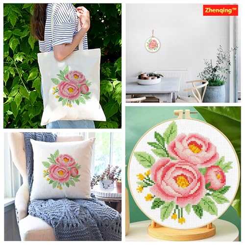 Zhenqing Pink Peony Cross Stitch Kit for Beginners - Complete Set with Pre-Printed 11CT 24x24cm Fabric, Hoop & Threads(70357) - color: 70357