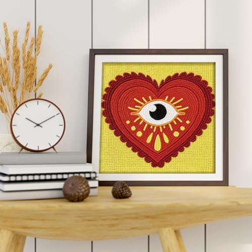 Doodlream Love Eye Heart Needle Kit for Beginner, 9.4"x 9.4" Boho Punch Stitching Craft Set, Red DIY Embroidery Starter with Printed Frame, Instruction, Threader, Yarn, Pinch Needle - color: Eye