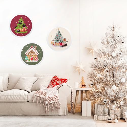 LB Christmas Embroidery Kit for Beginners Adults, 3 Sets Hand Embroidery Starter Kit with Black Cat Pattern and Instructions Stamped Cross Stitch Kits Include Embroidery Hoop Needles Threads Scissors - color: Red Black