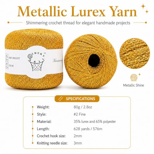 80g Sparkle Silver Lurex Thread Shining Yarn, Metallic Crochet Thread Yarn for Crocheting, Sparkle Metallic for Knitting Clothes, Car Charm, Keychain Charm(Bright Gold) - color: Bright Gold