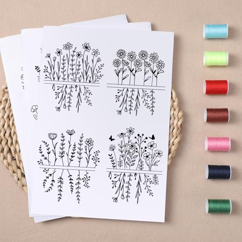 Floral Water Soluble Embroidery Patterns, 4 Sheets Stick and Stitch Embroidery Papers Wash Away, Pre-Printed Flower Pattern Transfer Paper Stabilizers for Hand Sewing Lovers Beginners - size: Flower D