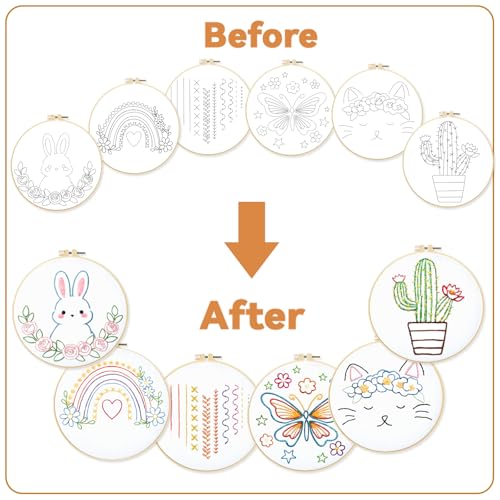 BEUNITONE 6Pcs Easy Embroidery Kit for Adults Beginners, Simple Cross Stitch Starter Set for Beginners, Cute Animal Rainbow Butterfly DIY Craft Activity for Home Decor and Festival Gifts 20x20cm - style: Stick Figure
