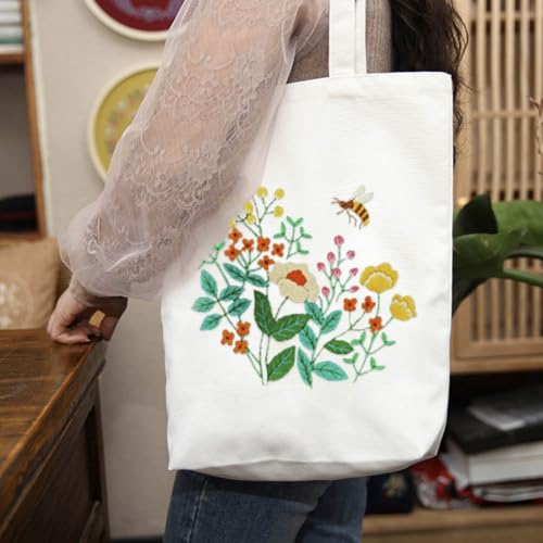 YANGSHINE Canvas Tote Bag Embroidery Kit with Pattern, Cross Stitch Kits for Beginners, Adults Arts Crafts Needlepoint Kit Include Embroidery Bag, Hoop and Instruction (Beige Bag, Flower and Bee) - color: Beige Bag, Flower and Bee