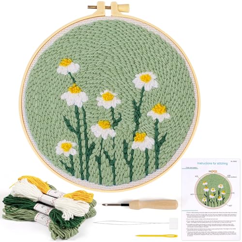 KESTAR Punch Needle Embroidery Starter Kits, Daisy Flower Punch Needle Kits for Adults Beginner, Needle Punch Kit Tool with Instruction Threader Fabric Yarns and Hoop - color: Green Daisy