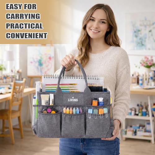 JJRING Large Art Supply Storage Tote Bag With Mesh Pockets, Green - color: Gray