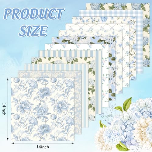 JarThenaAMCS 12Pcs Hydrangea Cotton Fabric Bundles 14 x 14 Inch Watercolor Dusty Blue Floral Pre-Cut Square Flower Plaid Stripe Sewing Fabrics for DIY Craft Party Decor - size: 14 x 14 inch