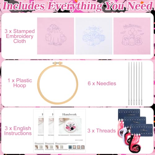 Mindsoft 3 Set Needlepoint Kit for Beginners with Hoop,Pink Halloween - style: Pink Halloween