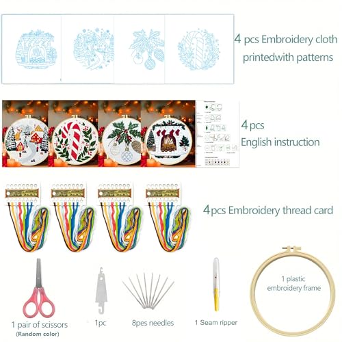 Zhenqing Christmas Embroidery Kit for Beginners - 4 Piece 29x29cm Round Designs with Embroidery Hoop, Threads & Tools (Snowy Cabin, Fireplace, Candy Cane, Holly)(C0066) - style: Snowy Cabin+ Fireplace+Candy Cane+Holly