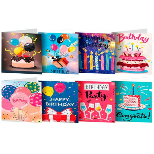 ACSAUMMY Diamond Art Painting Happy Birthday Cards, 8 Packs DIY 5D Diamond Greeting Cards Kits for Adults Diamond Art Birthday Cards with Envelopes Birthday Gifts for Families, Friends, Partners - color: Happy Birthday-8pcs