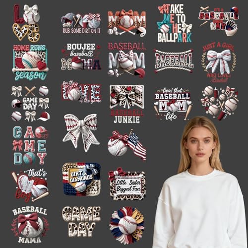 Rngmsi Dtf Transfers Ready to Press - 24 Pcs Baseball Iron on Patches for T-Shirts, Sport Game Heat Transfer Vinyl Decals, Bow Iron on Stickers for Hoodie DIY Fabric Clothes Decor - style: Baseball