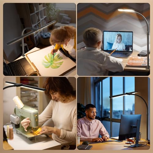 LED Desk Lamp for Home Office, 24W Computer Desk Light with Remote Control, Bright Table Lamp with Clamp Dimmable Tall Desktop Lighting with Bendable Gooseneck, Double Head, Black - color: Black with Clamp
