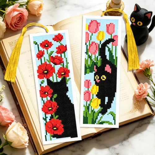 ACRNIGHEET 6PCS Cross Stitch Bookmark Kit for Beginner Stamped Cross Stitch Kits for Adults Cat & Floral DIY Tassel Embroidery Bookmark Kits Needlepoint Kit with Instructions Craft Gift 8.5''x3'' 11CT - style: Black Cat Floral with Tassel