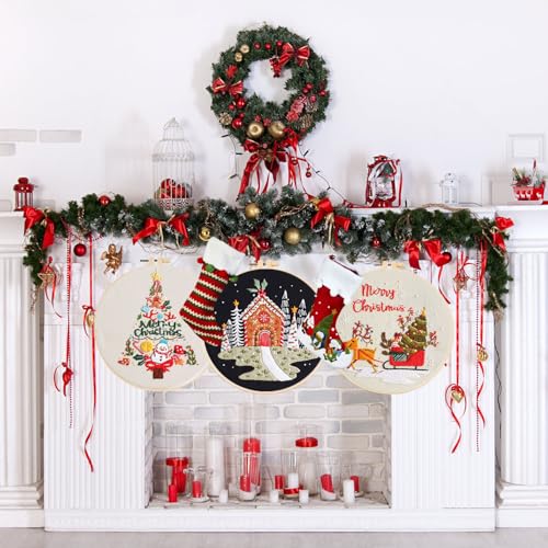 LB Christmas Embroidery Kit for Beginners Adults, 3 Sets Hand Embroidery Starter Kit with Snowman Pattern and Instructions Stamped Cross Stitch Kits Include Embroidery Hoop Needles Threads Scissors - color: Black White
