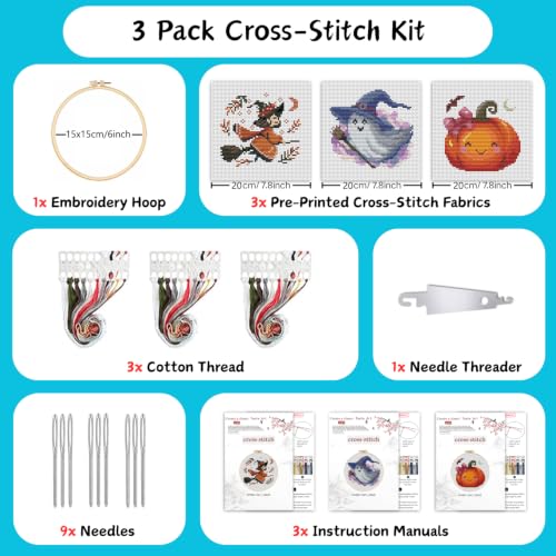 3 Pack Halloween Stamped Cross Stitch Kits for Beginners,with Hoop 6x6in - color: Witch Ghost Pumpkin