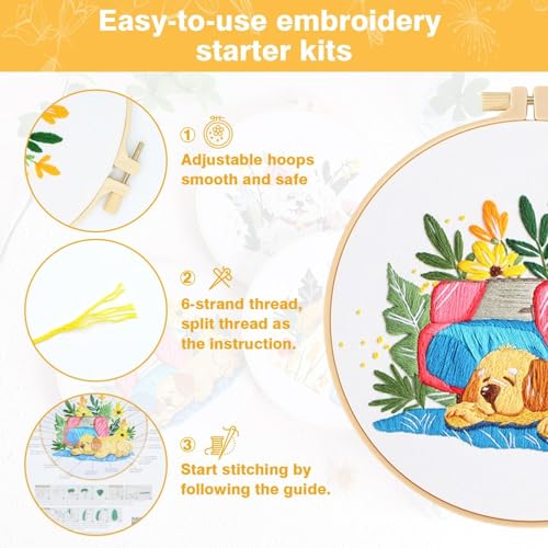 GLTAYLMY Cute Dogs Embroidery Kit for Beginners with Pattern and Instructions,3 Pack Cross Stitch Kits,1 Plastic Embroidery Hoops,Threads and Needles,Needlepoint Kit for Adults - color: Cute Dogs