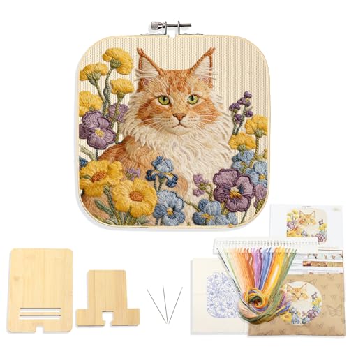 GOLDEN SMILE Maine Coon Embroidery Kit (8" Square Bamboo Hoop & 5"x7" Display Stand) – Pre-Printed Washable Floral Cat Pattern on Beige Fabric, 3 Needles, Ample Thread & Video Tutorials for Beginners