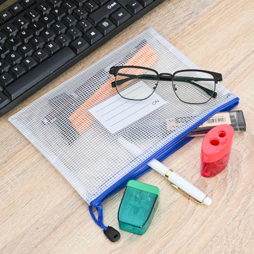 Plastic Mesh Zipper Pouch, 12Pcs Zipper File Bags with Label Pocket, A5 Size 9.2x6.7in, White - size: 9.2x6.7 in