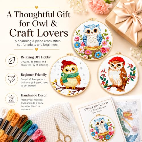 Zhenqing 3-Piece Owl Cross Stitch Kit Stamped Embroidery Kit 11CT Printed Aida Cloth 24x24cm DIY Needlework Set with Hoop, Thread, Needle & Tools Beginner Embroidery Kit for Home Wall Decor Gift