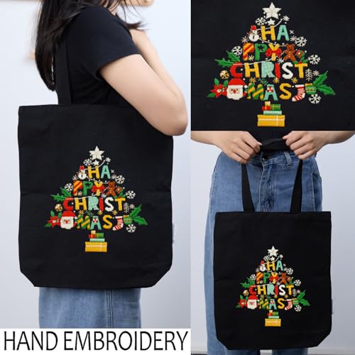 CREAWONDER Canvas Tote Bag Embroidery Kit with Pattern for Beginners, Arts and DIY Embroidery Crafts Kits for Adults, Include Instructions, Thimble, Embroidery Hoops, Color Threads and Tool - color: CR002 Christmas tree black