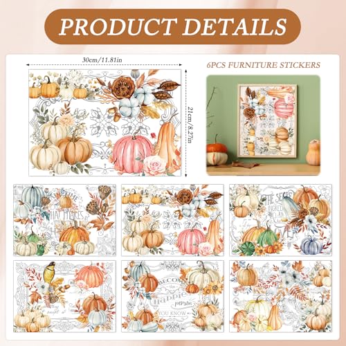 Fall Pumpkin Rub on Transfers for Crafts - Wxiben 6 Sheet Vintage Autumn Leave Rub on Transfers for Furniture Rub on Transfer Decals Stickers for Thanksgiving Harvest Wood DIY Crafts Home Office Decor - style: Fall Pumpkin