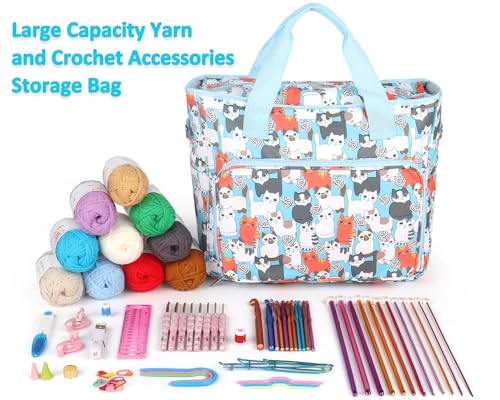 Aeelike Yarn Storage Bag Organizer, Large Crochet Tote Bag, Blue Cat - color: Blue Cat