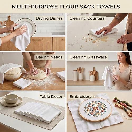 Avalon Kitchen Flour Sack Towels – 60 Pack, 28x28 Inch, 100% Cotton – Flour Sack Dish Towels for Drying Dishes, Baking, Bread Proofing, Crafting & Embroidery – Reusable White Kitchen Towel - color: White, size: 60 Pack - 28x28 inches