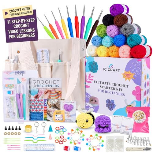 JC CRAFT Beginner Crochet Kit – 81 Piece Starter Set with 15 Colorful Yarns, Ergonomic Hooks, Complete Supplies, White Tote Bag, Accessories Case, Guide Book & Online Video Lessons