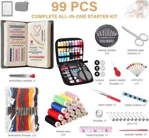 ZFBDMC Embroidery Stitch Book, 2026 Upgraded Portable DIY Embroidery Kit for Beginners with Linen, 99-Piece Complete Needle & Thread Set, Step-by-Step Video Instructions, Craft Gift for Adults