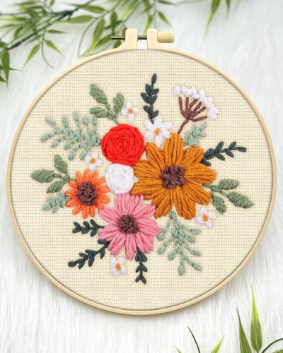 ERKOON Punch Needle Kit Beginners Adults, DIY Easy Flower Embroidery Set for Starter Art Craft, Needling Punching Project with Patterns, Tools, Yarns, Hoop, Instruction (Rainbow Flowers) - color: Rainbow Flowers
