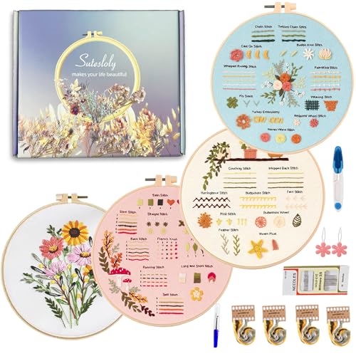 Sutesloly Hand Embroidery Kit for Beginners, 4 Sets Learn to Floral Patterns Simple Beginner Starter kit for Adults, 33 Stitches Easy Embroidery Practice Kit, 7.8inch Hoop, DIY Craft Gift for Women - color: pink