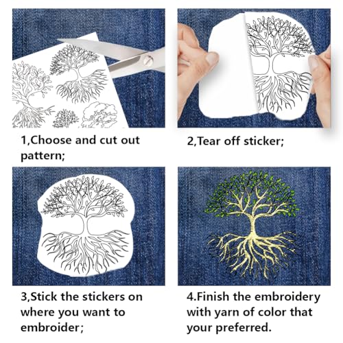 BENECREAT 4Sheets 24Pcs Trees Water Soluble Embroidery,11.7x8.3inch Branches Leaves Stick and Stitch Embroidery Paper Stabilizer for Shirts, Coats, Bags - color: Trees of Life