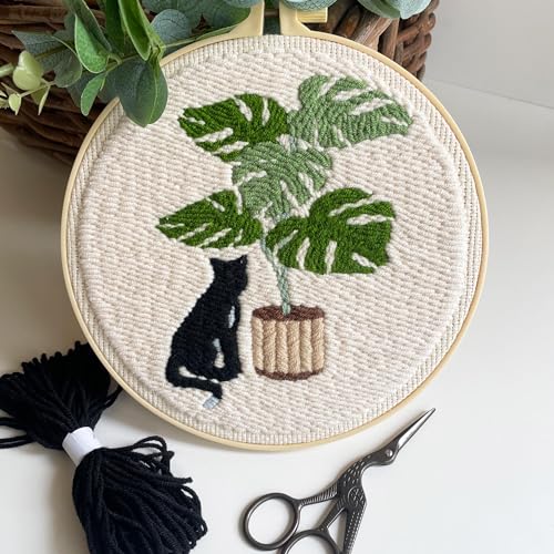 Myfelicity Punch Needle Kit for Adults, Beginners, Cat and Greenery Patterns, Includes Punching Needle Supplies - color: Cat