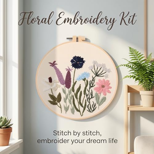 Harimau Adult Beginner Embroidery Starter Kit, Complete Set with 4 Patterns, 2 Hoops, Needles, Scissors, Instruction Guide & Stitching Video Tutorials - color: Floral3 pattern
