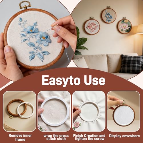 YICO 15 Pieces 3.6 Inch Round Embroidery Hoop Set, Imitated Wood Grain
