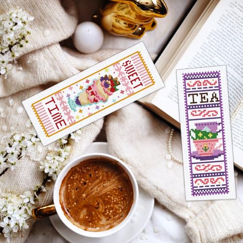 BEUNITONE 6 Pcs Cross Stitch Bookmark Kit for Beginner Coffee and Sweet Time Theme Hand Embroidery Kit with Instruction Tea Stamped Embroidery Bookmarks Handmade for DIY Crafts Book Lovers 8.5''x3'' - style: Afternoon Tea