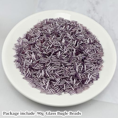 90g Glass Bugle Beads 7x2mm Embroidery Tube Glass Spacer Bulk Small Craft Long Beads for Necklaces Bracelets Earrings DIY Jewelry Making(Violet) - color: Violet