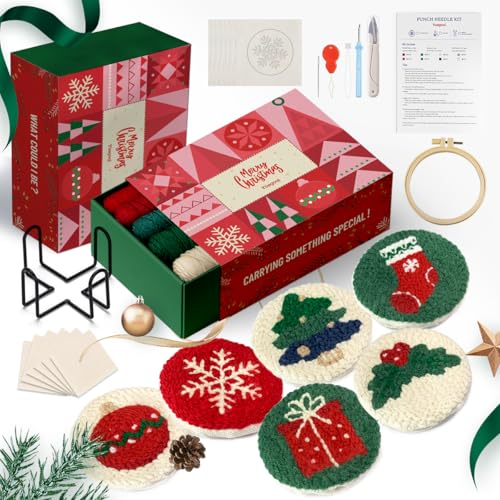yuegool 6PCS Christmas Punch Needle Coasters Kit,Easy DIY Punch Needle Embroidery Kit for Beginners Adults Kids Including Patterns, Tools, Yarns, Hoop, Instruction, Coaster Holder Art Craft Supplies - color: Merry Stitchmas, size: 4-inch diameter