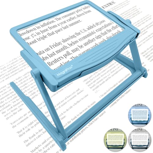 MagniPros 5X Large LED Hands-Free Full Page Magnifying Glass with Detachable Stand & 3 Color Light Modes to Reduce Eye Strain, Ideal for Reading Small Prints, Crafting, Low Vision & Seniors - color: Blue With Stand