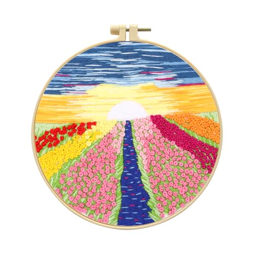 Zhenqing Flower Field Embroidery Kit for Beginners, Romantic Sunset Landscape Needlework Kit with Pre-Printed Fabric, Hoop, Threads & Tools (S-CX0314) - color: Romantic Flower Field