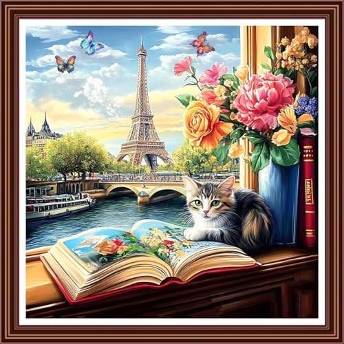 Dimensean Counted Cross Stitch Kit for Beginners, 11CT Unprinted Cross-Stitch Kit Easy Patterns Needlepoint Kit Cross Stitching Embroidery Kit Supplies-Window sill cat Tower 18x18 inch - color: ColorDIY14