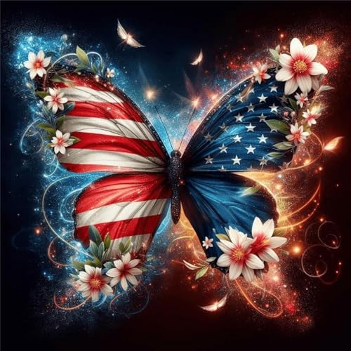 niurenmaoyi Stamped Cross Stitch Kits for Beginners,Counted Embroidery Craft Kits for Adults,Needlepoint Kits for Adults,American Flag Butterfly Wall Art 13.8X13.8In - color: Cross Stitch Kits0421-04