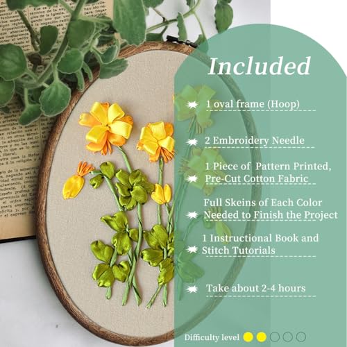FONNUY Ribbon Embroidery 3D Flowers Pattern Design Kit Embroidery DIY Handwork Set Oval Home Decoration (Yellow Begonia) - style: Yellow Begonia