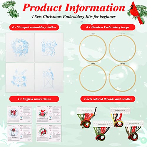 Ysleen 4 Set Christmas Cardinal Embroidery Kit for Beginners with Hoops