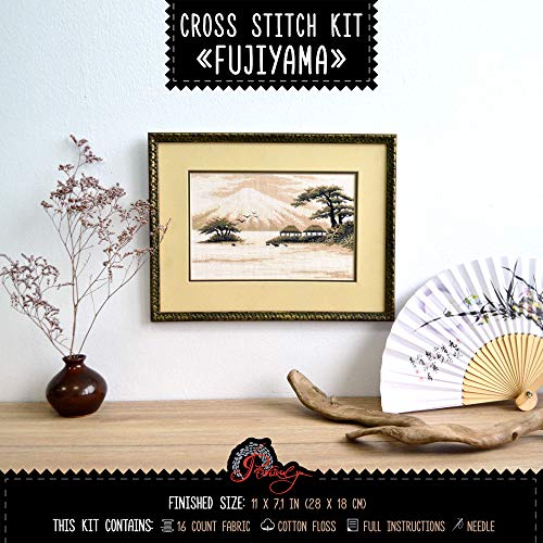 Povitrulya Hand Embroidery Kit for Adults 'Fujiyama' - 11" х7.1, 16-ct Aida Cloth - Counted Cross Stitch Set with Japanese Fuji Mountain Landscape Pattern, Housewarming Gift for Home Decor - size: Fujiyama - 11" х 7,1" (28 х 18 cm)