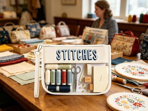 RF REENFAYA Clear Zipper Project Pouch for Needlepoint & Embroidery-Beige/Navy - color: Beige/Navy