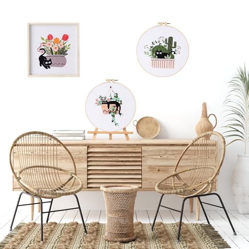 LB Cat Embroidery Kit for Beginners Adults, 3 Sets Hand Embroidery Starter Kit with Cactus Floral Pattern and Instructions Stamped Cross Stitch Kits Include Embroidery Hoop Needles Threads Scissors - color: Black
