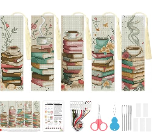 VIGEGU 5 Pack Coffee Book Cross Stitch Bookmark Kits for Adult Beginners - color: COFFE BOOK