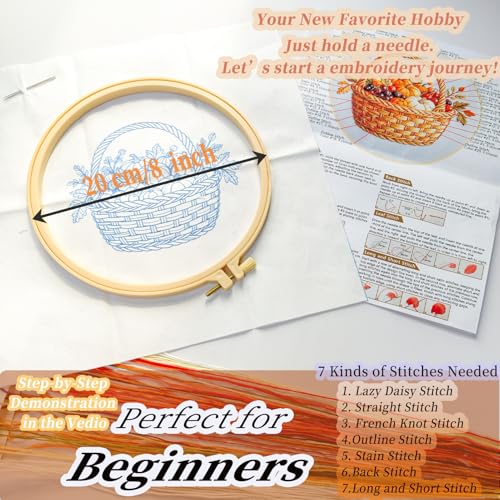 FONNUY Fall Embroidery Kit, Handmade Autumn Wreath Pre-Stamped Pattern for Beginners, Thanksgiving Harvest Home Decor, 8'' Hoop (Basket) - color: Basket